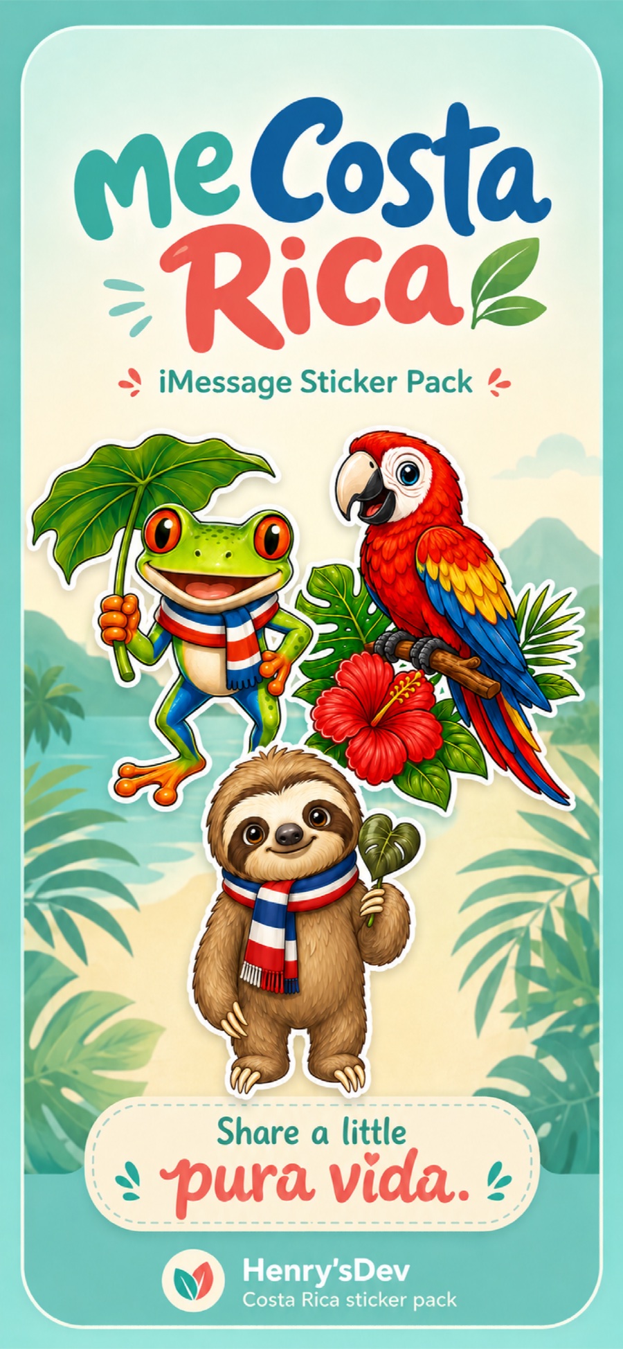 meCosta Rica iMessage sticker pack poster with tropical sticker characters
